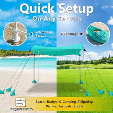 Camping Tent UPF50+ with 8 Sandbags, Beach Shade Canopy with Stability Poles and Big Ground Pegs, Pop Up Canopy for Camping, Picnics, 12X12FT Green - Image 4