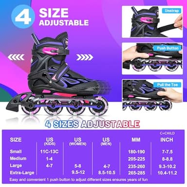 2PM SPORTS Vinal Girls Adjustable Inline Skates with Light up Wheels Beginner Skates Fun Illuminating Roller Skates for Kids Boys and Women Adults - Violet Medium(4-7 US) - Image 5