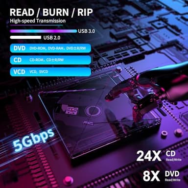 DVD Player for Laptop, External CD Drive for Mac, USB 3.0 USB C Portable CD Burner External Disk Drive, DVD Reader Writer ROM Drive Compatible with Laptop Desktop Mac,Windows 10/8/7 Linux - Image 3