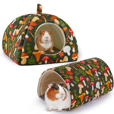 Bienbee Guinea Pig Hideout, Washable Rabbit Bed with Guinea Pig Tunnel, 2 Pack Guinea Pigs Toys Set Bunny Hideout Cage Accessories for Hamster Ferret Rabbits Bunny, Green Mushroom - Image 1