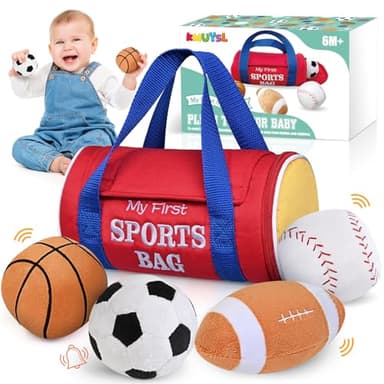 KMUYSL Baby Toys 0-12 Months, My First Sports Bag Plush Toy - 4 Sensory Balls Soft Toys with Crinkle, Rattles for 0-3-6-9-12 Month Newborn Infant, 1st Birthday for Babies Boys Girls Age 1 - Image 1