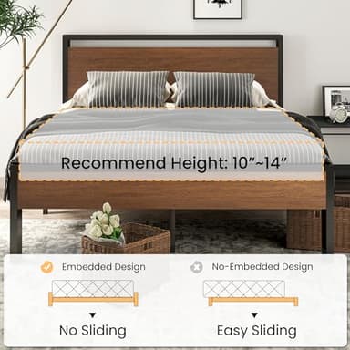 SHA CERLIN 14 Inch Queen Size Metal Platform Bed Frame with Wooden Headboard and Footboard, Mattress Foundation, No Box Spring Needed, Large Under Bed Storage, Non-Slip Without Noise, Walnut - Image 7
