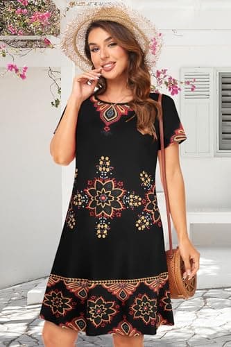 elescat Sundresses for Women Summer Casual Beach Short Sleeve Swing Pockets Loose Fit Flowy T Shirt Dress (Black Red Boho, L) - Image 4