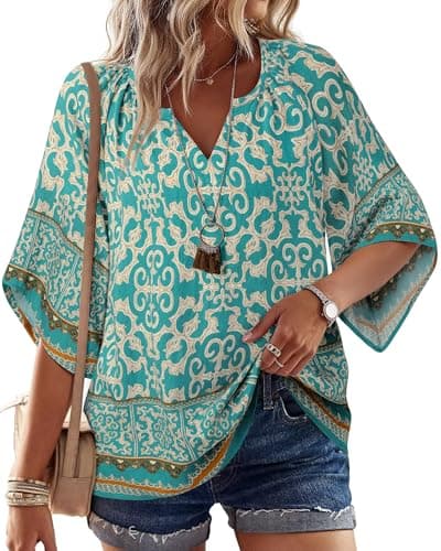 Bebonnie Linen Shirts for Women: 3/4 Sleeve Dressy Casual V Neck Boho Tops - Summer Linen Beach Vacation Clothes - Ladies Blouses Work Professional Flattering Outfits to Hide Tummy Multi Blue XL - Image 1