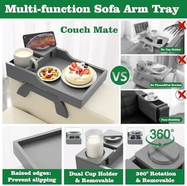 Couch Cup Holder, 4-in-1 Side Couch Arm Tray with Phone Holder, Sofa Clip on Side Table for Wide Couches Arm, Suitable for Home Drinks/Remote/Snacks-Grey - Image 6