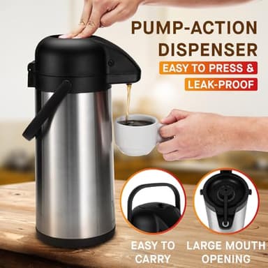 Airpot Coffee Dispenser with Pump - 2Pcs 102 oz Insulated Stainless Steel Coffee Carafe - Thermal Beverage Dispenser - Coffee Urn for Hot/Cold Water, Party Chocolate Drinks - Image 3