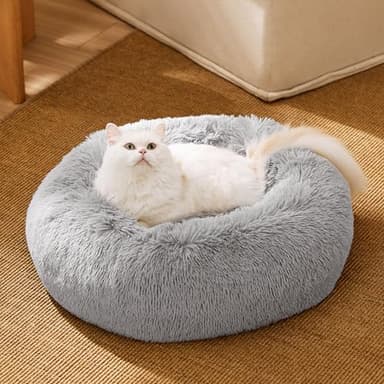 Bedsure Calming Cat Beds for Indoor Cats - Small Cat Bed Washable 20 inches, Anti-Slip Round Fluffy Plush Faux Fur Pet Bed, Fits up to 15 lbs Pets, Pale Grey - Image 4