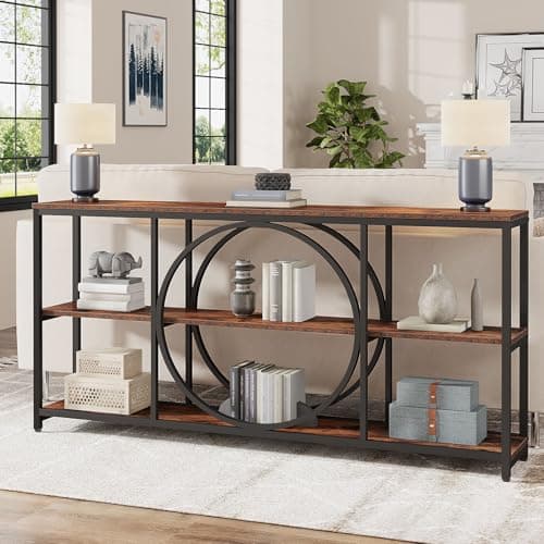 Tribesigns Extra Long Console Table, 70.9 inch Narrow Sofa Tables with 3 Tier Wood Storage Shelves Industrial Metal Frame for Entryway Hallway Living Room Behind Couch, Rustic Brown Black - Image 1