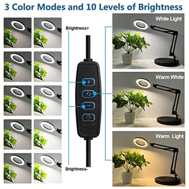 HITTI 10X Magnifying Glass with Light, 1,800 Lumens Stepless Dimmable, 3 Color Modes, 4.2″ Real Glass Lens LED Magnifying Desk Lamp & Clamp, Magnifier Light and Stand for Crafts Welding Close Work - Image 3