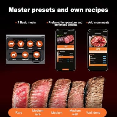 Wireless Meat Thermometer 2 Probes, Bluetooth Smart Meat Thermometer Digital Wireless Remote Tracking and Real-Time Readings, Standalone Base & Thinnest Probe, iOS and Android, for Grill, BBQ, Smoker - Image 6