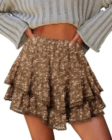 onlypuff Flowy Shorts for Women Ruffle Skorts Cute Mini Skirts Country Concert Outfits Coastal Cowgirl Coachella Outfits Tennis Skort Coffee Flower XL - Image 2