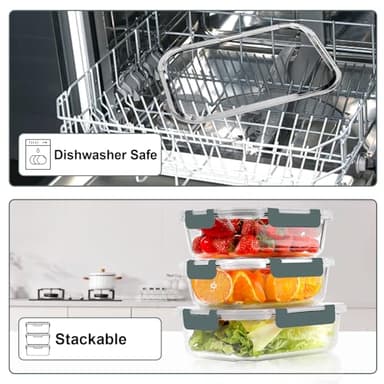 VERONES 10 Pack 22 OZ Glass Meal Prep Containers, Airtight Glass Lunch Containers Set, Glass Food Storage Containers with Lids,Exclusive of BPA, for Microwave, Oven, Freezer & Dishwasher Friendly,Grey - Image 5