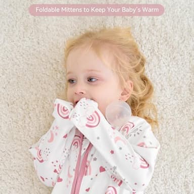 FIEMOL Baby Sleep Sack 6-12 Months, Long Sleeve Baby Wearable Blanket 0.5 Tog with Mittens, 2-Way Zipper Infant Cotton Sleeping Sack for Boy and Girl Pink Rainbow 2 Pack (Medium - Image 4