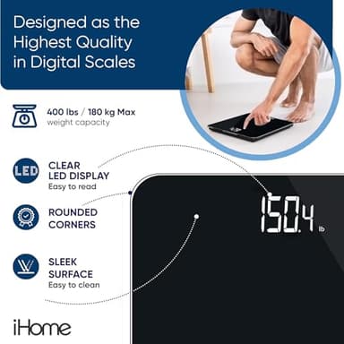iHome Digital Scale, Bathroom Scale, Batteries Included, Scale Body Weight, Weight Scale, Bathroom Scales for Weight, Digital Scales for Body Weight (Black) - Image 5