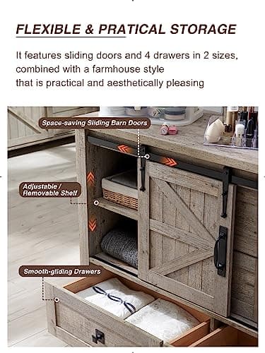 T4TREAM 48'' Farmhouse Dresser for Bedroom w/4 Drawers & Sliding Barn Doors, Tall Chest of Drawers, Rustic Dresser TV Stand w/Shelf, Organizer for Bedroom, Living Room, Foyer,Light Rustic Oak - Image 4