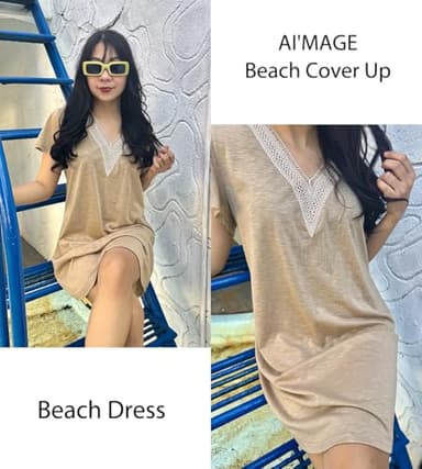 AI'MAGE Women's Swimsuit Coverups Bikini Beach Swimwear Cover Up V Neck Bathing Suit Cover Up Beach Dress Khaki L - Image 5