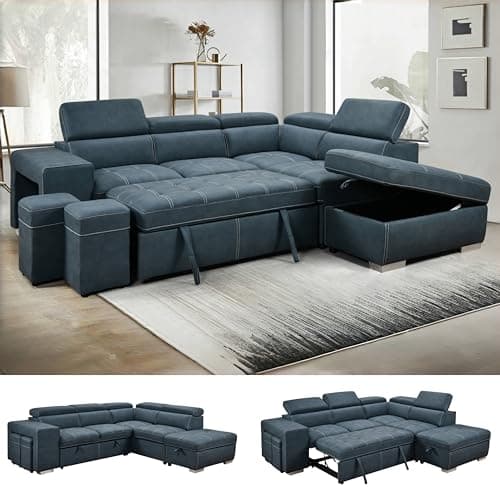 THSUPER 104'' Microfiber L Shaped Sectional Sleeper Sofa Couch with Pull Out Bed and Storage Ottoman, Convertible Couches with Adjustable Headrest for Living Room, Right Facing Chaise. Navy Blue - Image 1