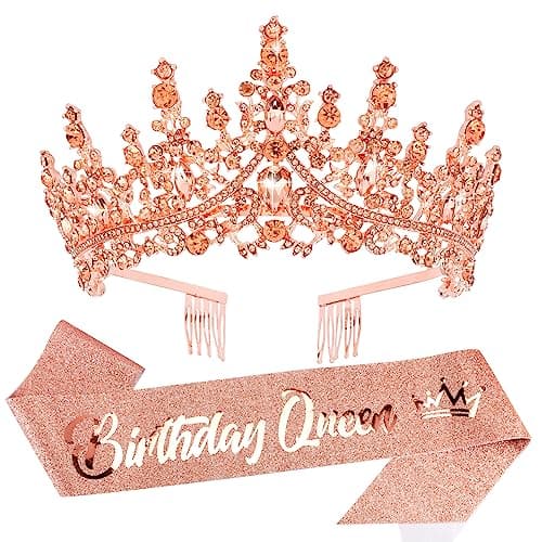 Velscrun Rose Gold Crystal Birthday Queen Tiara Crown for Women Girls Birthday Queen Headband Sash Elegant Princess Crown with Combs Hair Accessories Happy Birth Party Decorations Mom Birth Gift - Image 1