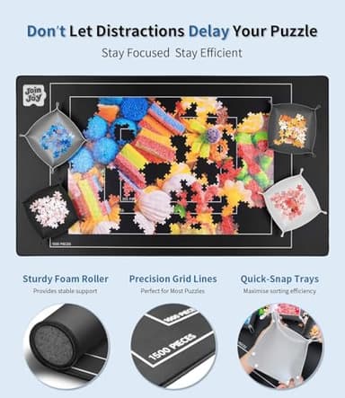Join&Joy Jigsaw Puzzle Mat Roll Up, Rubber Saver Pad 46" x 26 ", with 4 Sorting Trays & Travel Storage Bag, Portable Rollup Puzzles Keeper, Up to 1500 Pieces - Image 3