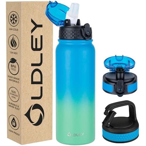 Oldley Insulated Water Bottle 20oz Water Bottles with Straw, Stainless Steel Water Bottle with 3 Lids, Double Wall Vacuum Bottles for Adult Kids, Sports Bottles for School Travel, Tropical Rainforest - Image 1