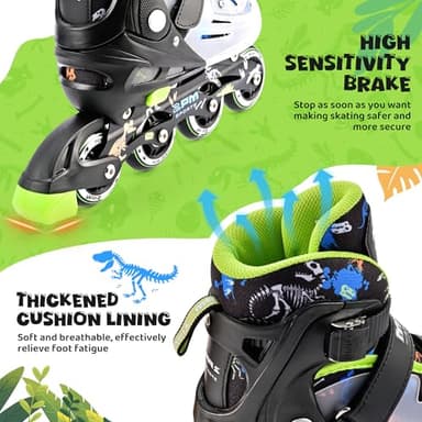 2PM SPORTS Adjustable Kids Inline Skates Boys Ages 4-8 8-12 3-5 4-6 6-12 10-12 with Light Up Wheels, Roller Skates Blades for Boys Beginner Youth Indoor Outdoor Size 11C 1 2 3 4 5 6 7 8 Dinosaur - Image 4
