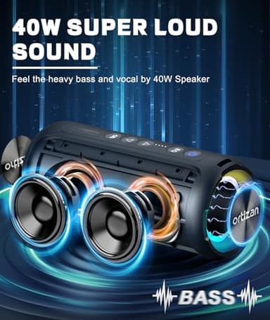 Ortizan Bluetooth Speakers, Portable Wireless Stereo Speaker - IPX7 Waterproof, 30W RMS(40W Peak) Loud Sound, Deep Bass, LED Light, Bluetooth 5.3, for Home/Shower/Outdoor/Beach, Gifts for Adult, Navy - Image 2
