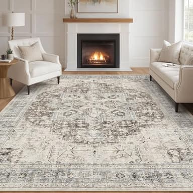 Tortania Area Rug Living Room Rugs - 8x10 Washable Boho Rug Vintage Oriental Distressed Farmhouse Large Thin Indoor Carpet for Living Room Bedroom Under Dining Table Home Office - Brown Blue - Image 1
