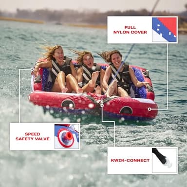 Airhead Super Mable 3-Person Towable Tube for Boating – Inflatable Boat Tube with Dual Tow Points, Cushioned Walls, 16 Handles, Foam Seat Pads & Full Nylon Cover – USA Stars & Stripes Pattern​ - Image 5