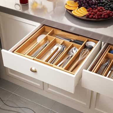 Fibogollo Expandable Kitchen Drawer Organizer,Bamboo Silverware Organizer for Utensils,Adjustable Flatware Tray(14.96 * 11.69~19.68 * 1.96) - Image 3