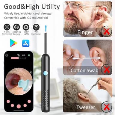 Ear Wax Removal Tool Camera, Ear Cleaner with Camera and 6 LED Light, 1080p HD Ear Scope, Ear Cleaning kit, 9 Ear Tools and 20 Ear Replacement Tips, for iOS & Android (Black) - Image 6