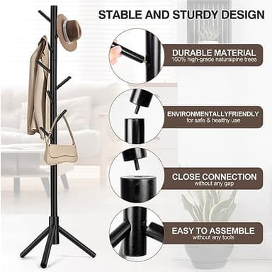 WANGMUXIA Coat Rack, Freestanding Coat Rack with 8 Hooks and 3 Adjustable Size Tree Coat Racks for Bedroom, Hallway, Entrance, Office, for Hats, Coats, Scarves, Handbags - Image 3