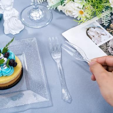 DaYammi 100Pcs Silver Dessert Plates Including 50Pcs Appetizer Plates 6",50Pcs Plastic Forks 5.7",Silver Glitter Plastic Square plate for Wedding,silver Salad plates and Cake Forks for Birthday Party - Image 9