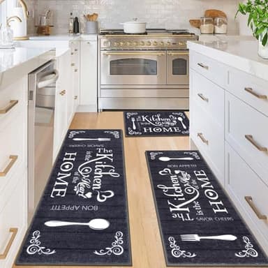 Vaukki Boho Kitchen Rug Sets 3 Pieces, Washable Kitchen Mats for Floor, Non Slip Soft Kitchen Area Rug Floor Mat for Kitchen, Laundry Room and Hallway (Black, 20''x32''+20''x47''+20''x59'') - Image 1