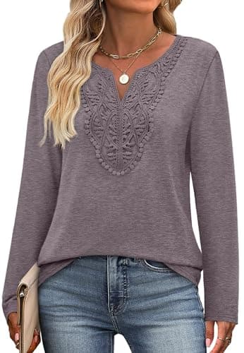 Boho Tops for Women Business Casual Outfits Long Sleeve Shirts V Neck Fall Tops for Women Dressy Blouses Basic Grey Purple L - Image 1
