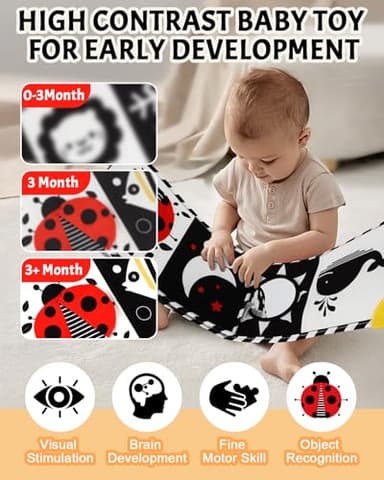 Tummy Time Toys, High Contrast Baby Book with Mirror & Teether, Black and White Infant Books, 0-6-12 Months Soft Book for Newborn, Sensory Books, Tummy Time Car Seat Toys 0-6 Month Boy Girl Gift - Image 4