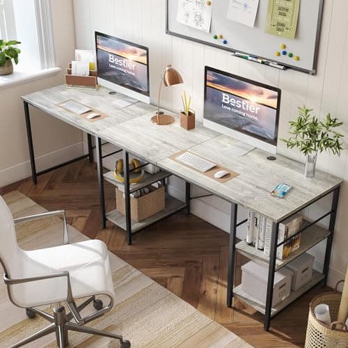 Bestier L Shaped Desk, 95.2 Inch Reversible Corner Computer Desk with Shelves, 2 Person Long Table for Home Office, Large Writing Storage Workstation with 3 Cable Holes, Rustic Brown, Grey Oak - Image 1