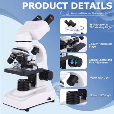 Microscope for Adults & Kids,40-2500X Binocular Microscope for Students, School Lab & Home Schooling,Equiped with Mechanical Stages,Slides Set & Phone Holder - Image 6