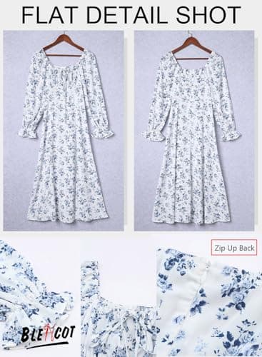 BLENCOT Womens Casual Square Neck Long Sleeve Boho Floral Midi Dress Print Side Split Dresses White XL - Image 4