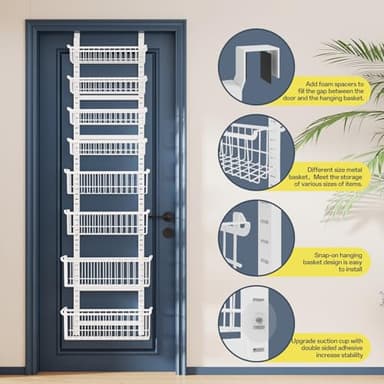 Over The Door Pantry Organizer, 8-Tier Over The Door Organizer with Adjustable Baskets, Metal Hanging Spice Rack for Pantry Organizers and Storage, Suitable for Kitchen Laundry Room & Bathroom, White - Image 4