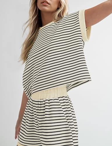 MISSACTIVER 2 Piece Lounge Set Women Stripe Knit Short Sleeve Tee Shirts Shorts Casual Summer Loungewear Shorts Sets - Image 3