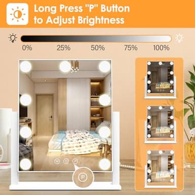 Vanity Mirror with Lights, Hollywood Lighted Makeup Mirror with 3 Color Lighting Modes and 9 Dimmable Bulbs, Detachable 5X Magnification, Smart Touch Control, 360°Rotation, White - Image 3