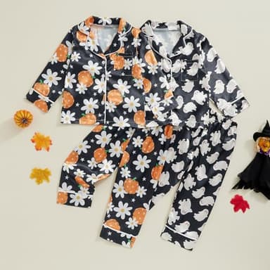 Honganda Kids Toddler Baby Girl Boy Halloween Pajamas Set Ghost Pumpkin Pajama Shirt Top Pants Satin Loungewear Outfits (Black Orange, 2-3 Years) - Image 8