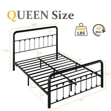 Fluest 14 Inch Queen Bed Frame Classic Metal Platform Bed Frame with Charging Station & LED, Victorian Style Iron-Art Headboard/Footboard, Under Bed Storage, No Box Spring Needed, Noise Free - Image 2