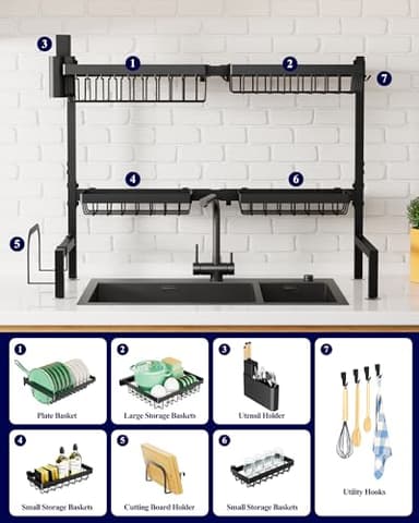 Kitsure Over The Sink Dish Drying Rack - 30.0" to 33.9" x 21.5", Adjustable Sink Drying Rack for Kitchen Sink with Multifunctional Baskets, Black - Image 4