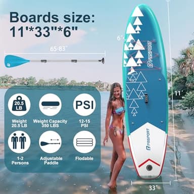 FBSPORT 11' Premium Stand Up Paddle Board, Yoga Board with SUP Accessories & Carry Bag | Wide Stance, Surf Control, Non-Slip Deck, Leash, Paddle and Pump for Youth & Adult(BlueWhite) - Image 2