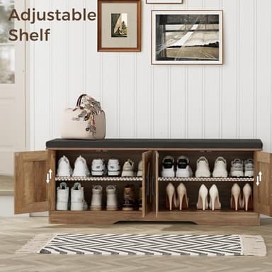 HOMSHO 2-Tier Storage Bench, 47.2" Wide Shoe Bench with Padded Seat Cushion, Entryway Bench with 4 Barn Doors and Adjustable Shelf, Rustic Walnut - Image 4