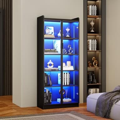 Display Cabinet with Doors and Adjustable Shelves, 65" Tall Bookcase with LED Lights/Human Sensor, 5 Tier Display Case for Collectibles Bedroom Living Room Office, Black - Image 8