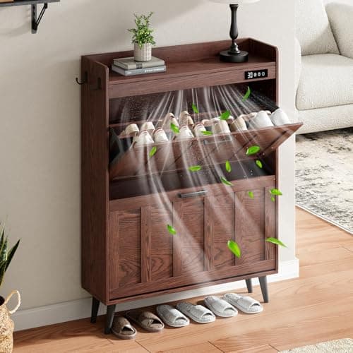 ChooChoo Shoe Storage Cabinet with 2 Flip Drawers, Deodorizing Shoe Organizer Storage for Entryway, Freestanding Hidden Slim Narrow Shoe Rack Cabinet, Walnut - Image 1