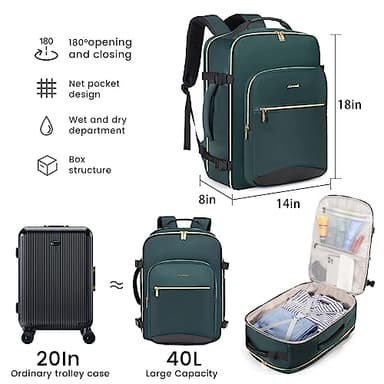 LOVEVOOK 40L Large Travel Backpack for Women Men, 17 Inch Carry on Backpack for Traveling on Airplane, Personal Item Travel Bag Airline Approved, Business Causal Weekender Backpack, Green-Black - Image 3