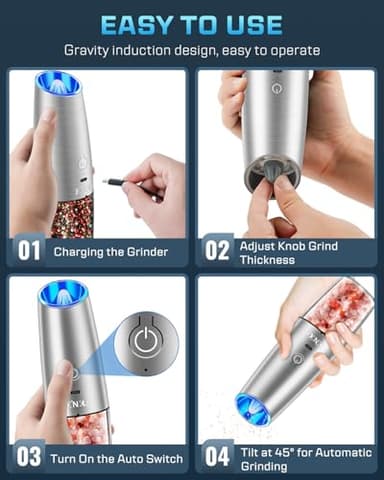 XinXu RECHARGEABLE Salt and Pepper Grinder Set,Automatic Pepper Mill,USB Rechargeable,Adjustable Coarseness,One-handed Operation,Ceramic Burr,Refillable,Auto Grinders Shakers LED Light,Sliver - Image 5
